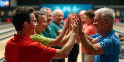 Group of diverse bowlers celebrating a strike during a league game