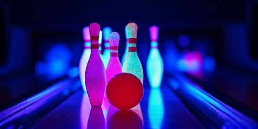 Bowling pins glowing brightly under blacklights during a lively cosmic bowling session