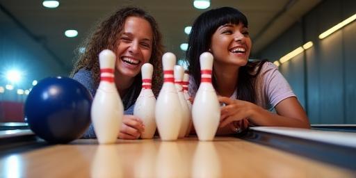Friends laughing and bowling on a modern lane, pins about to fall