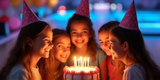 Children happily celebrating a birthday party at a bowling alley with a festive cake